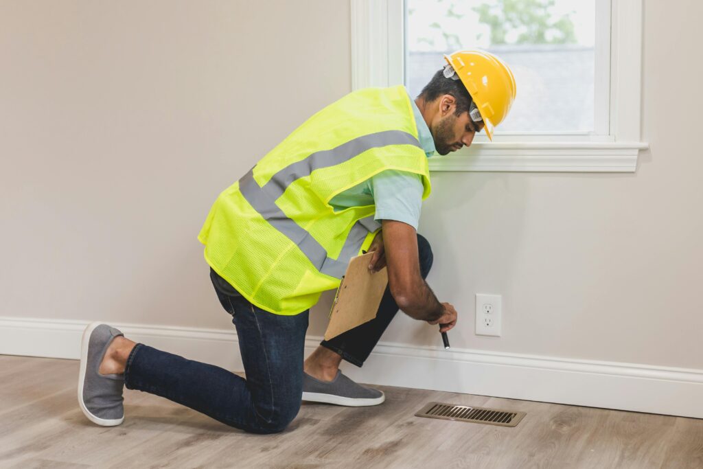 A home inspector checks wall outlets and floor returns for compliance with local codes.
