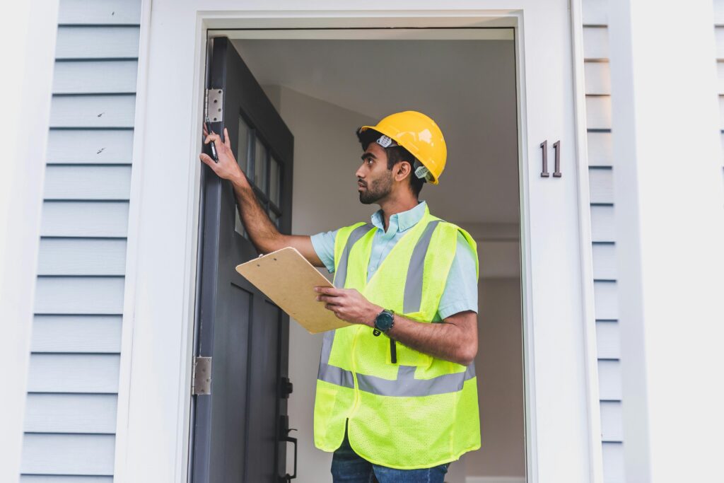 A home inspector performs their duties in the doorway of a new home.